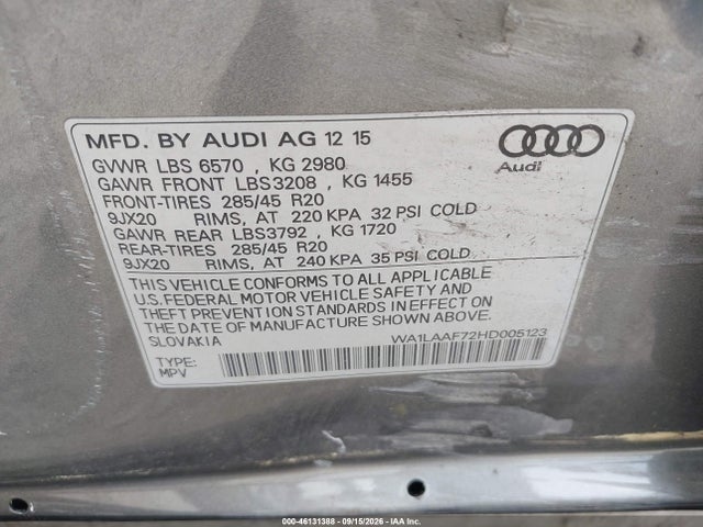 2017 Audi Q7 3.0t Premium მანქანა იყიდება აუქციონზე, vin: WA1LAAF72HD005123, აუქციონის ნომერი: 46131388