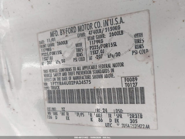 Продажа на аукционе авто 2002 Ford Ranger Edge/tremor/xlt, vin: 1FTYR44U02PA34575, номер лота: 46131402