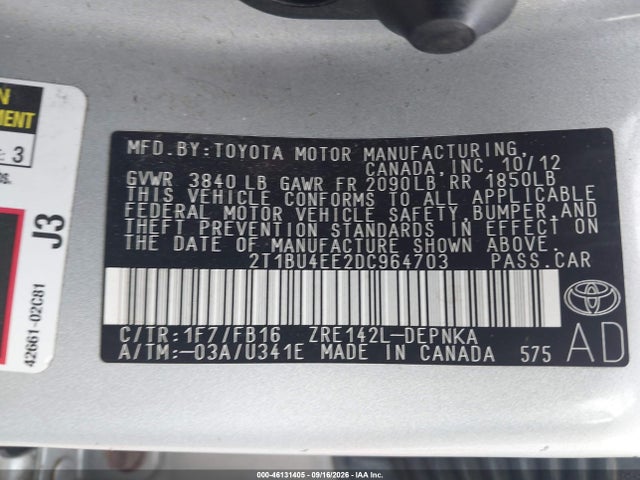 46131405 :رقم المزاد ، 2T1BU4EE2DC964703 vin ، 2013 Toyota Corolla Le مزاد بيع