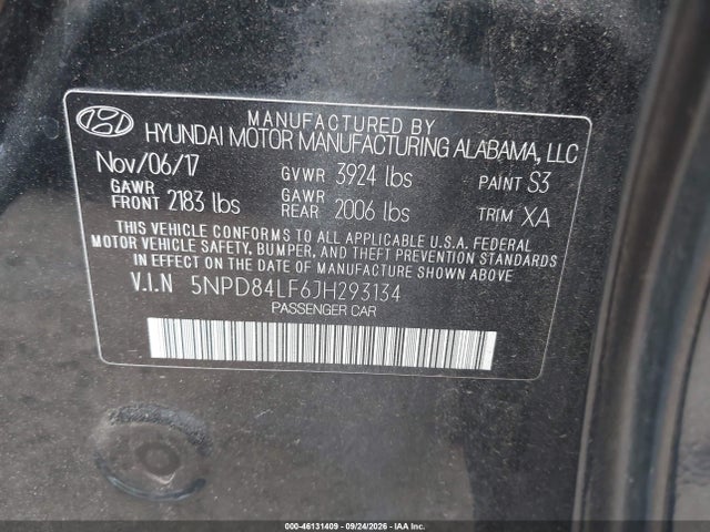 2018 Hyundai Elantra Sel მანქანა იყიდება აუქციონზე, vin: 5NPD84LF6JH293134, აუქციონის ნომერი: 46131409