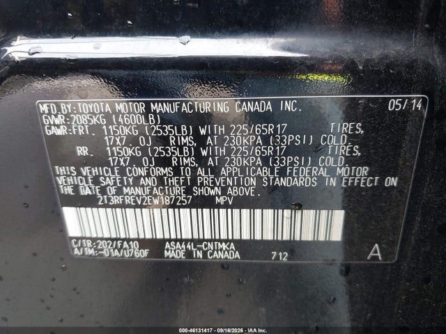 46131417 :رقم المزاد ، 2T3RFREV2EW187257 vin ، 2014 Toyota Rav4 Xle مزاد بيع