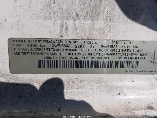 2008 Volkswagen Jetta Se/sel მანქანა იყიდება აუქციონზე, vin: 3VWRZ71K38M064481, აუქციონის ნომერი: 46131420