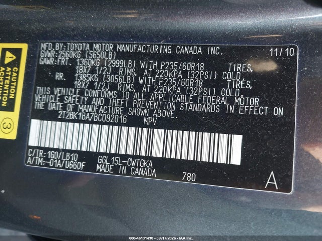 46131430 :رقم المزاد ، 2T2BK1BA7BC092016 vin ، 2011 Lexus Rx 350 مزاد بيع