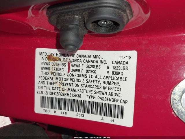 Aukcja sprzedaży 2019 Honda Civic Lx, vin: 2HGFC2F69KH512638, numer aukcji: 46131439