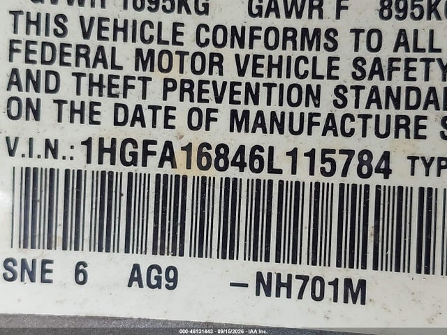 46131443 :رقم المزاد ، 1HGFA16846L115784 vin ، 2006 Honda Civic Ex مزاد بيع