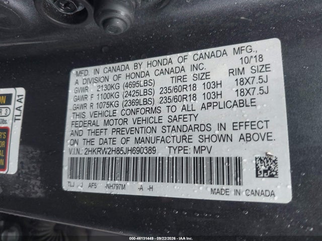2018 Honda Cr-v Ex-l/ex-l Navi მანქანა იყიდება აუქციონზე, vin: 2HKRW2H85JH690389, აუქციონის ნომერი: 46131449