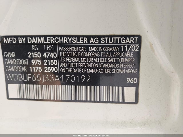 Aukcja sprzedaży 2003 Mercedes-benz E 320, vin: WDBUF65J33A170192, numer aukcji: 46131455