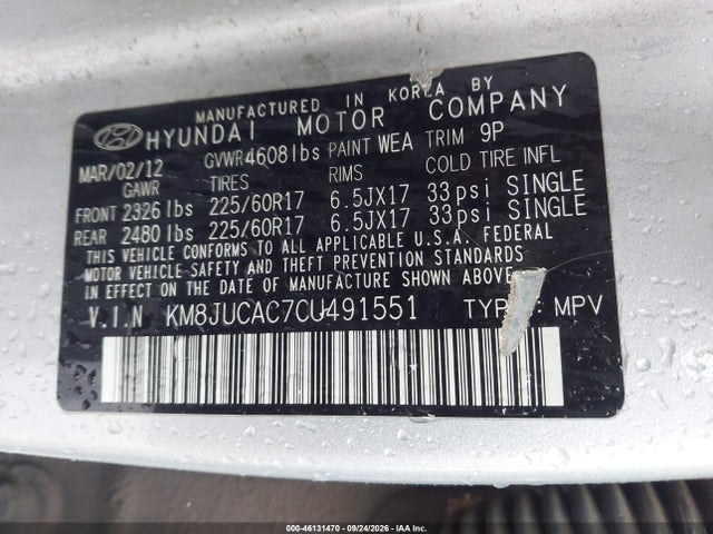 Aukcja sprzedaży 2012 Hyundai Tucson Gls, vin: KM8JUCAC7CU491551, numer aukcji: 46131470