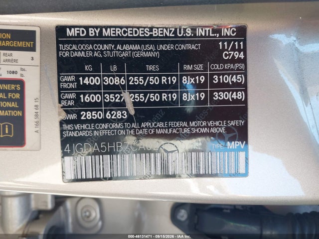 Продаж на аукціоні авто 2012 Mercedes-benz Ml 350 4matic, vin: 4JGDA5HB7CA021665, номер лоту: 46131471