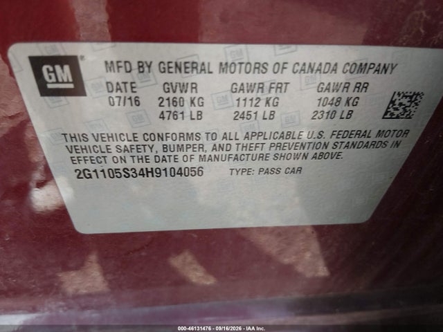 46131476 :رقم المزاد ، 2G1105S34H9104056 vin ، 2017 Chevrolet Impala 1lt مزاد بيع