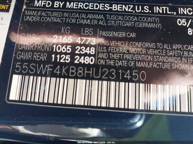 Продаж на аукціоні авто 2017 Mercedes-benz C 300 4matic, vin: 55SWF4KB8HU231450, номер лоту: 46131490