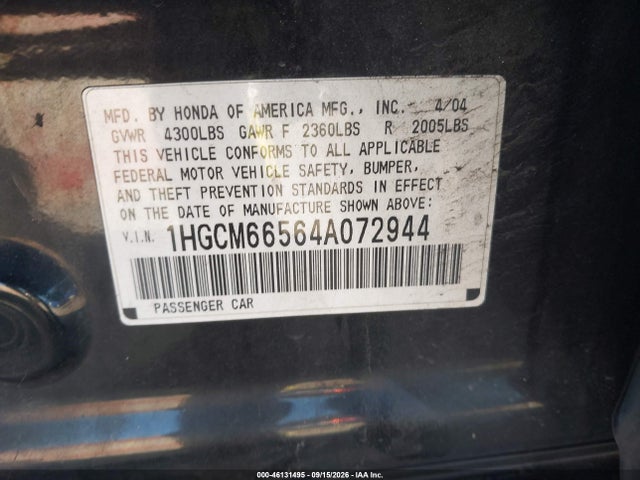 46131495 :رقم المزاد ، 1HGCM66564A072944 vin ، 2004 Honda Accord Ex مزاد بيع