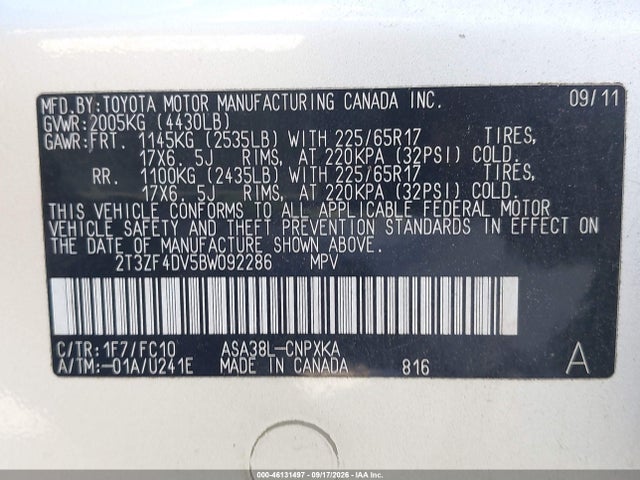 46131497 :رقم المزاد ، 2T3ZF4DV5BW092286 vin ، 2011 Toyota Rav4 مزاد بيع