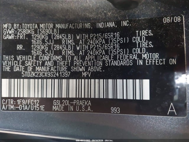 46131502 :رقم المزاد ، 5TDZK23CX9S241397 vin ، 2009 Toyota Sienna Le مزاد بيع