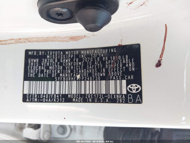 46131508 :رقم المزاد ، 5YFBURHE4FP246730 vin ، 2015 Toyota Corolla Le مزاد بيع