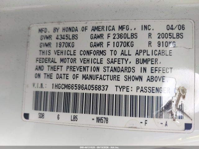 2006 Honda Accord 3.0 Ex მანქანა იყიდება აუქციონზე, vin: 1HGCM66596A056837, აუქციონის ნომერი: 46131525