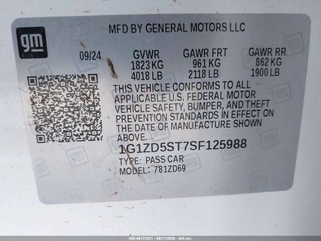 46131531 :رقم المزاد ، 1G1ZD5ST7SF125988 vin ، 2025 Chevrolet Malibu Fwd 1lt مزاد بيع