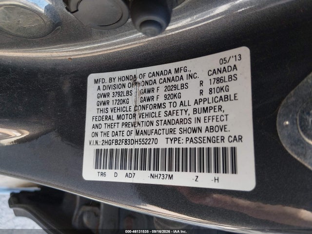 Aukcja sprzedaży 2013 Honda Civic Ex, vin: 2HGFB2F83DH552270, numer aukcji: 46131535