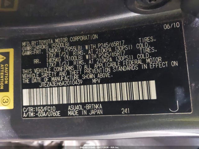 Aukcja sprzedaży 2010 Toyota Highlander, vin: JTEZA3EH6A2010439, numer aukcji: 46131546