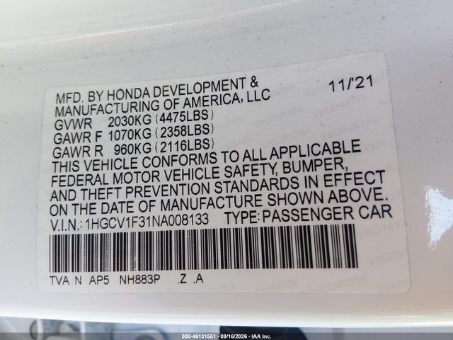 1HGCV1F31NA008133 Honda Accord Sport