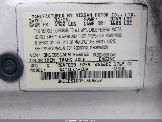 Auction sale of the 2005 Nissan Sentra 1.8s, vin: 3N1CB51D05L568512, lot number: 46131557