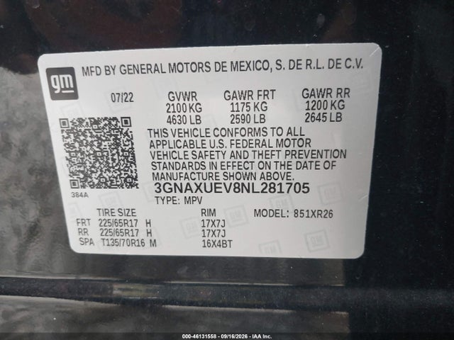 Продаж на аукціоні авто 2022 Chevrolet Equinox Awd Lt, vin: 3GNAXUEV8NL281705, номер лоту: 46131558