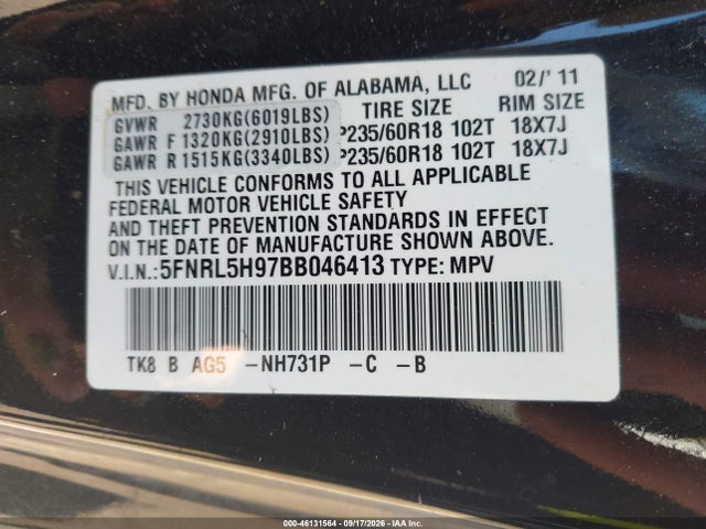 Aukcja sprzedaży 2011 Honda Odyssey Touring/touring Elite, vin: 5FNRL5H97BB046413, numer aukcji: 46131564