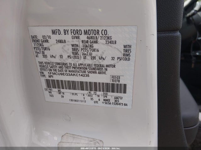 Продажа на аукционе авто 2010 Ford Escape Limited, vin: 1FMCU9EG3AKC14235, номер лота: 46131578