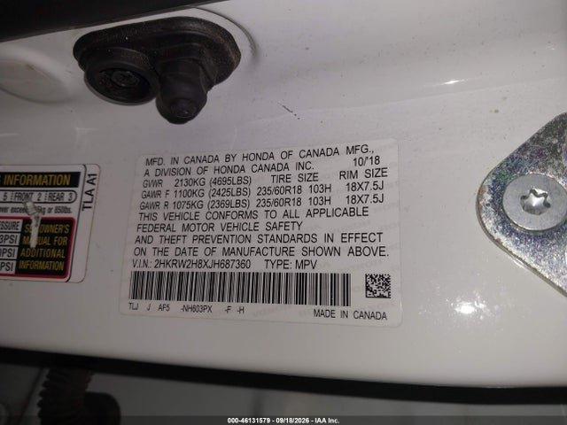 Aukcja sprzedaży 2018 Honda Cr-v Ex-l/ex-l Navi, vin: 2HKRW2H8XJH687360, numer aukcji: 46131579