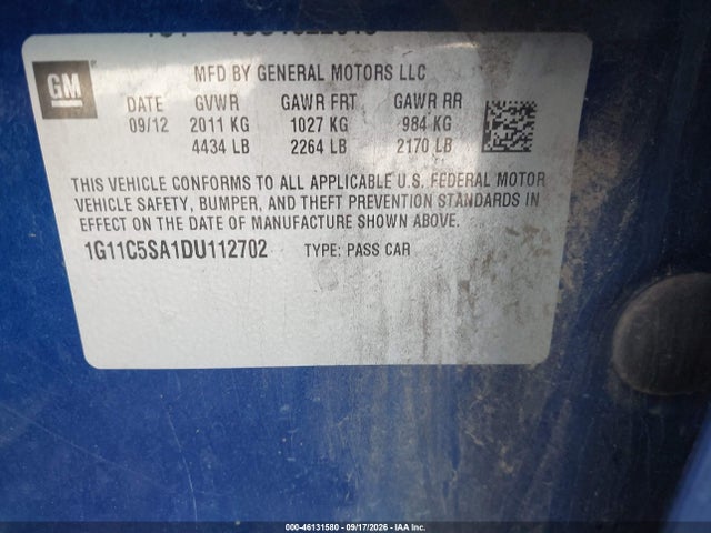 Aukcja sprzedaży 2013 Chevrolet Malibu 1lt, vin: 1G11C5SA1DU112702, numer aukcji: 46131580