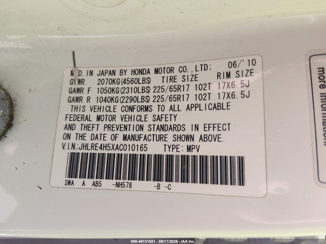 Продажа на аукционе авто 2010 Honda Cr-v Ex, vin: JHLRE4H5XAC010165, номер лота: 46131581