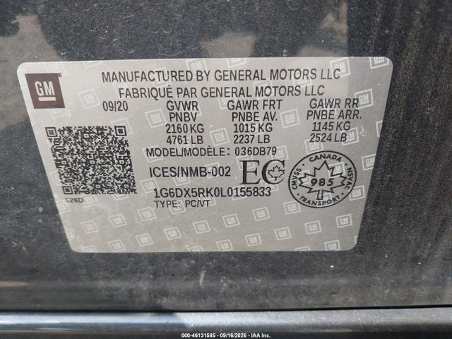 Aukcja sprzedaży 2020 Cadillac Ct5 Luxury, vin: 1G6DX5RK0L0155833, numer aukcji: 46131585
