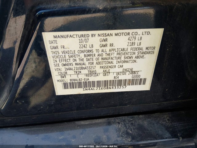 Aukcja sprzedaży 2008 Nissan Altima 2.5 S, vin: 1N4AL21E08N433257, numer aukcji: 46131588