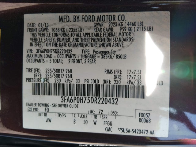 Продажа на аукционе авто 2013 Ford Fusion Se, vin: 3FA6P0H75DR220432, номер лота: 46131593