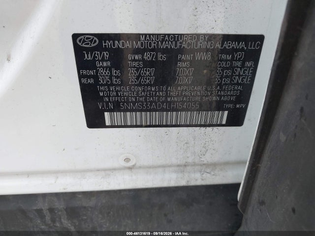 Продаж на аукціоні авто 2020 Hyundai Santa Fe Sel, vin: 5NMS33AD4LH154055, номер лоту: 46131619