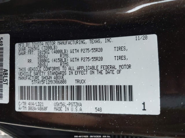2021 Toyota Tundra 1794 Edition მანქანა იყიდება აუქციონზე, vin: 5TFAY5F12MX986008, აუქციონის ნომერი: 46131620