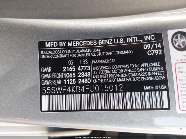 Продаж на аукціоні авто 2015 Mercedes-benz C 300 Luxury 4matic, vin: 55SWF4KB4FU015012, номер лоту: 46131625