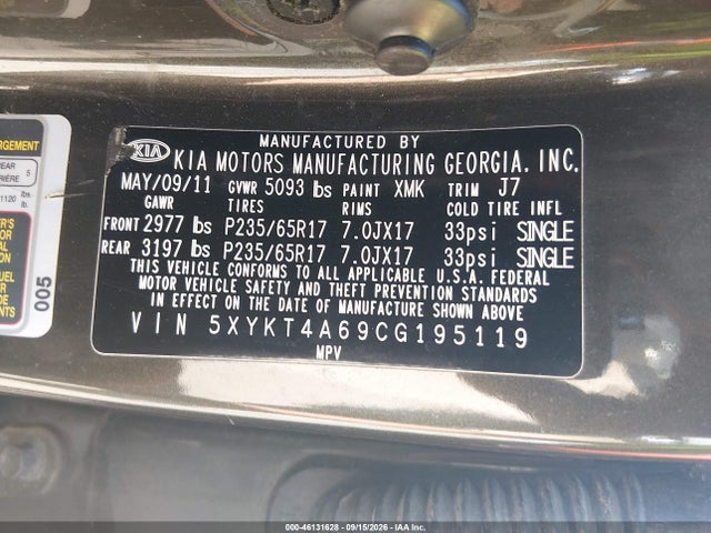 2012 Kia Sorento Lx მანქანა იყიდება აუქციონზე, vin: 5XYKT4A69CG195119, აუქციონის ნომერი: 46131628