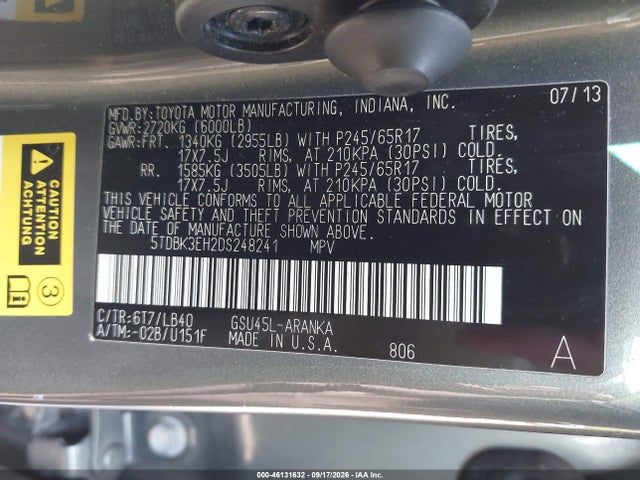 2013 Toyota Highlander Se V6 მანქანა იყიდება აუქციონზე, vin: 5TDBK3EH2DS248241, აუქციონის ნომერი: 46131632