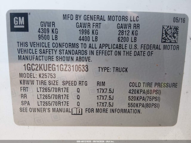 46131635 :رقم المزاد ، 1GC2KUEG1GZ310633 vin ، 2016 Chevrolet Silverado 2500hd Wt مزاد بيع
