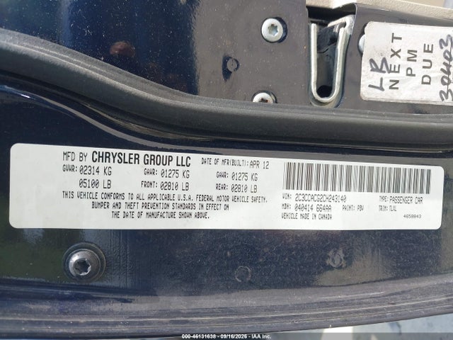 Aukcja sprzedaży 2012 Chrysler 300 Limited, vin: 2C3CCACG2CH243140, numer aukcji: 46131638