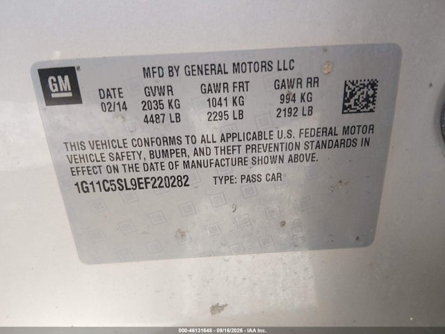 46131648 :رقم المزاد ، 1G11C5SL9EF220282 vin ، 2014 Chevrolet Malibu 1lt مزاد بيع