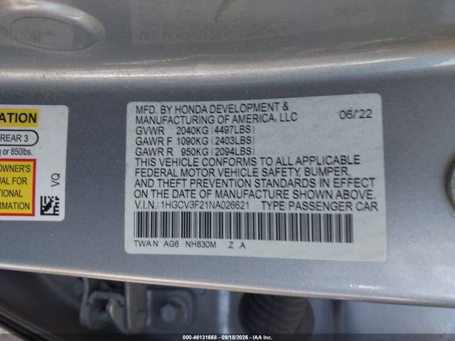 2022 Honda Accord Hybrid Sport მანქანა იყიდება აუქციონზე, vin: 1HGCV3F21NA026621, აუქციონის ნომერი: 46131668