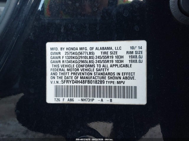 2015 Acura Mdx Technology Package მანქანა იყიდება აუქციონზე, vin: 5FRYD4H48FB018289, აუქციონის ნომერი: 46131670