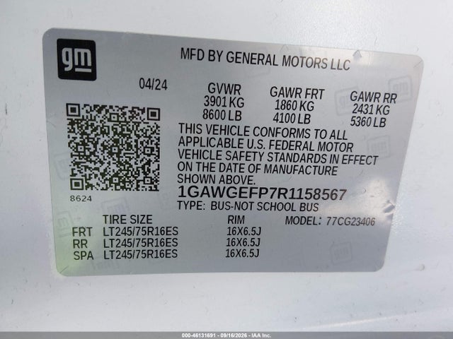 Продажа на аукционе авто 2024 Chevrolet Express Passenger Rwd 2500 Regular Wheelbase Ls, vin: 1GAWGEFP7R1158567, номер лота: 46131691