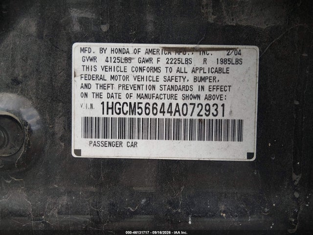 46131717 :رقم المزاد ، 1HGCM56644A072931 vin ، 2004 Honda Accord 2.4 Ex مزاد بيع