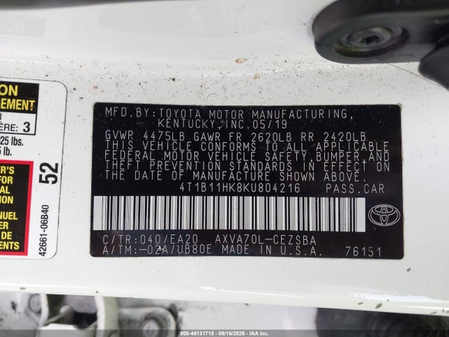 Продажа на аукционе авто 2019 Toyota Camry Se, vin: 4T1B11HK8KU804216, номер лота: 46131718