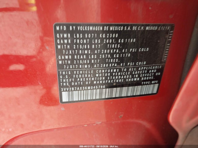 Aukcja sprzedaży 2019 Volkswagen Tiguan 2.0t Se/2.0t Sel/2.0t Sel R-line/2.0t Sel R-line Black, vin: 3VV2B7AX3KM045796, numer aukcji: 46131722
