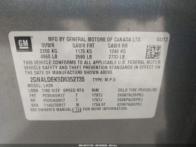 46131728 :رقم المزاد ، 2GNALDEK5D6352735 vin ، 2013 Chevrolet Equinox 1lt مزاد بيع