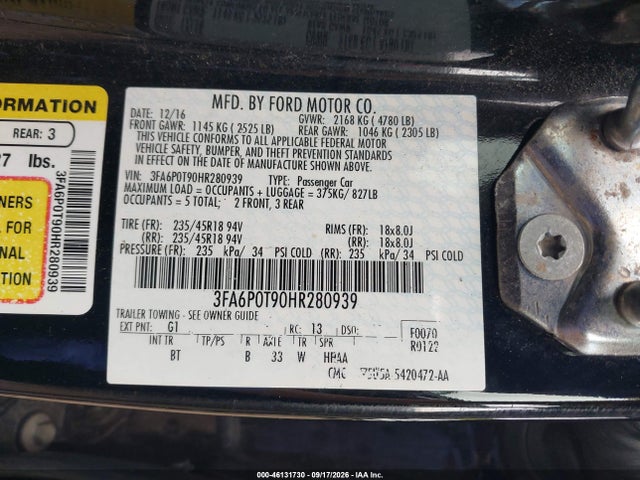 Продаж на аукціоні авто 2017 Ford Fusion Se, vin: 3FA6P0T90HR280939, номер лоту: 46131730